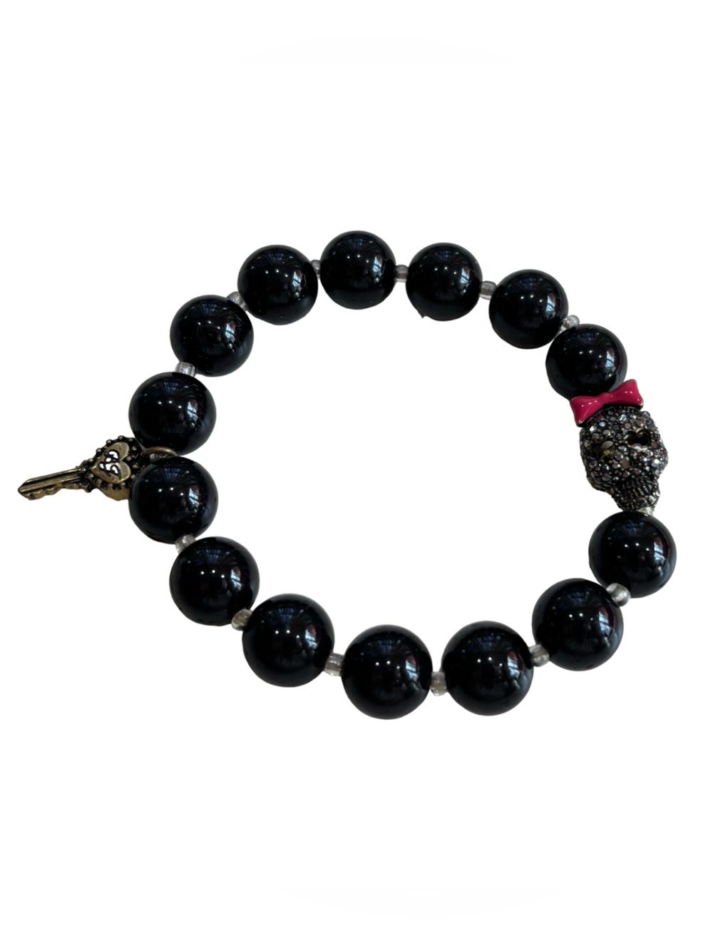 Betsey Johnson Black Beaded Bracelet with Skull Charm and Pink Bow‎